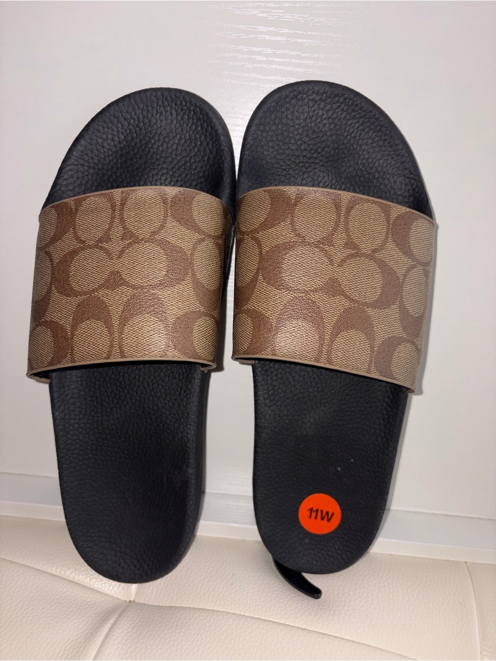 Coach Brown Monogram Slide Sandals with Black Footbed